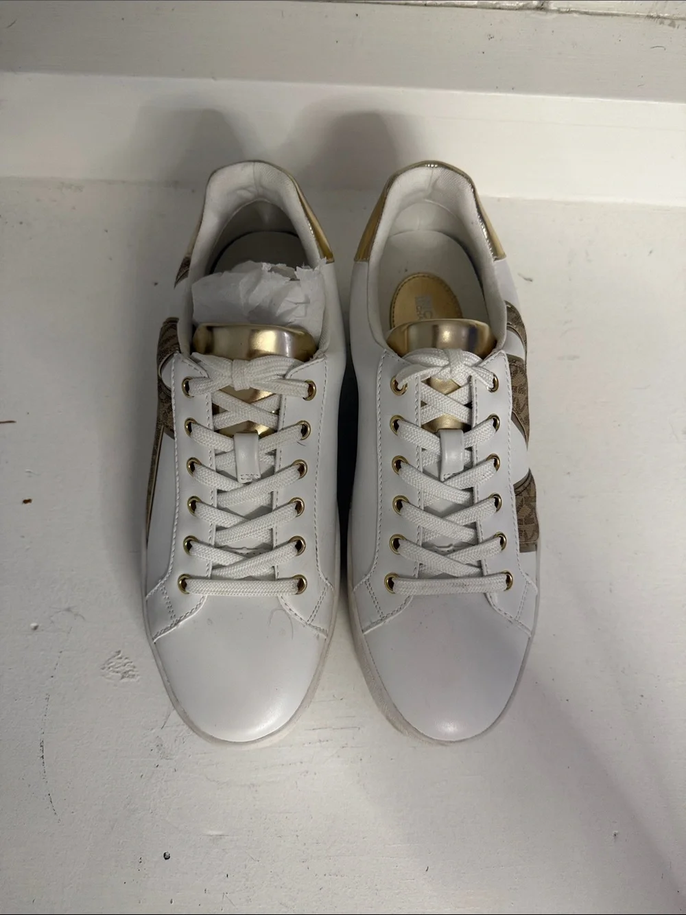 Michael Kors women’s White Leather Sneakers with Brown MK Logo and Gold Heel